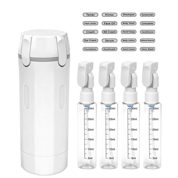 Kaleduo 4 in 1 Travel Toiletry Dispenser Set, 4 Pack 30ML Leak Proof Clear Spray Bottles with Storage Case & Labels, Portable Travel Size Containers for Shampoo Lotion Cream