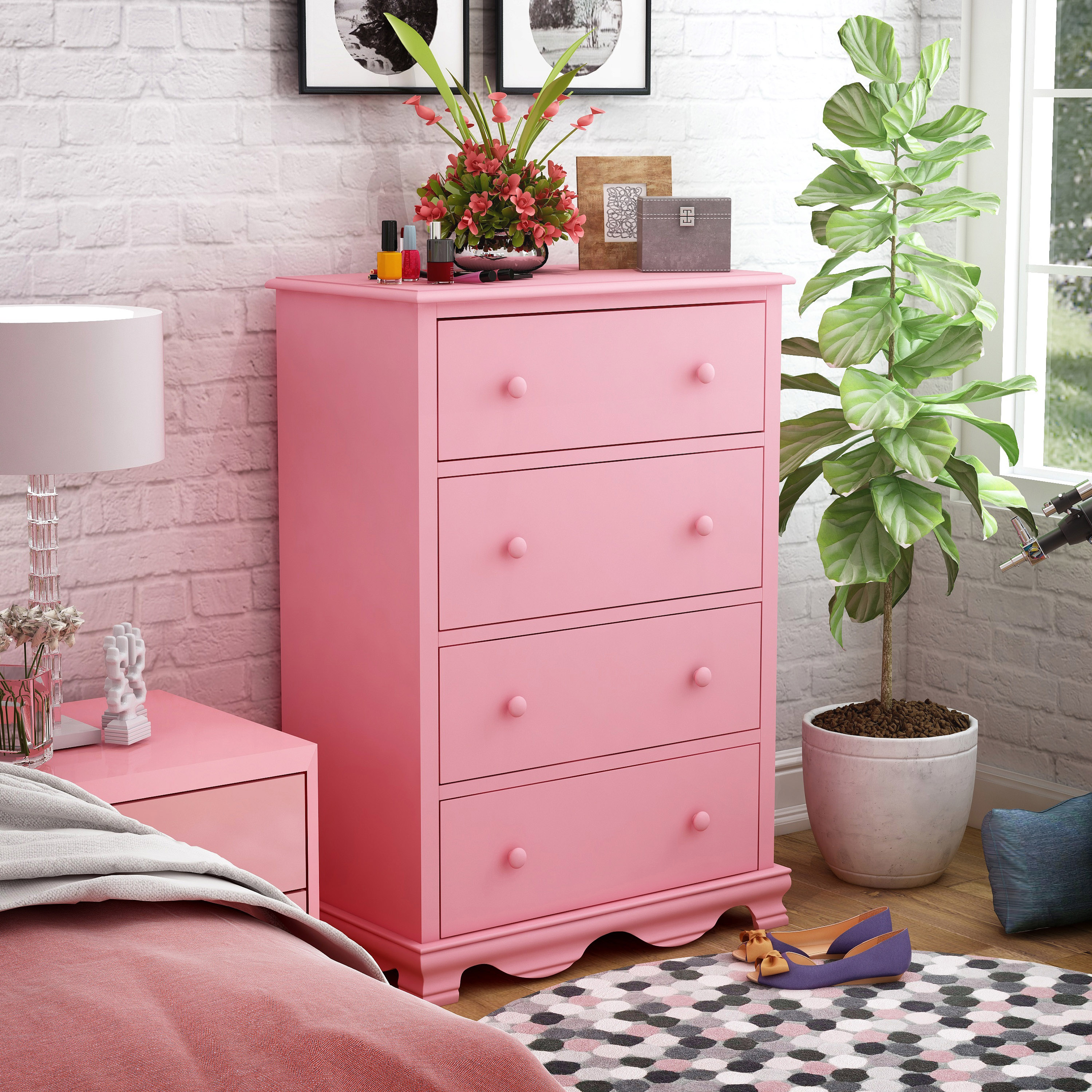 Furniture of America Crista Contemporary Wood 4-Drawer Chest, Pink