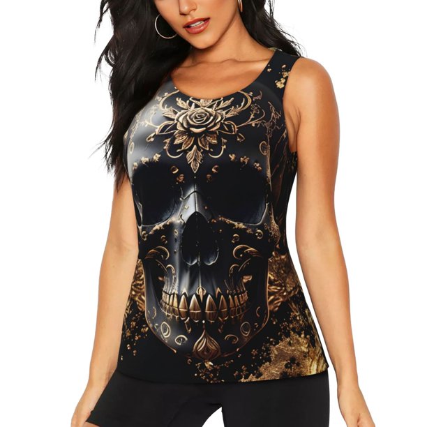 Fotbe Gold Pattern Black Skull Blusas Sin Mangas para Mujer – Estilo Casual, Corte Suelto, Slim-Fit, Cuello Redondo Deportivo, Tops de Verano para Gimnasio y Yoga-Small
