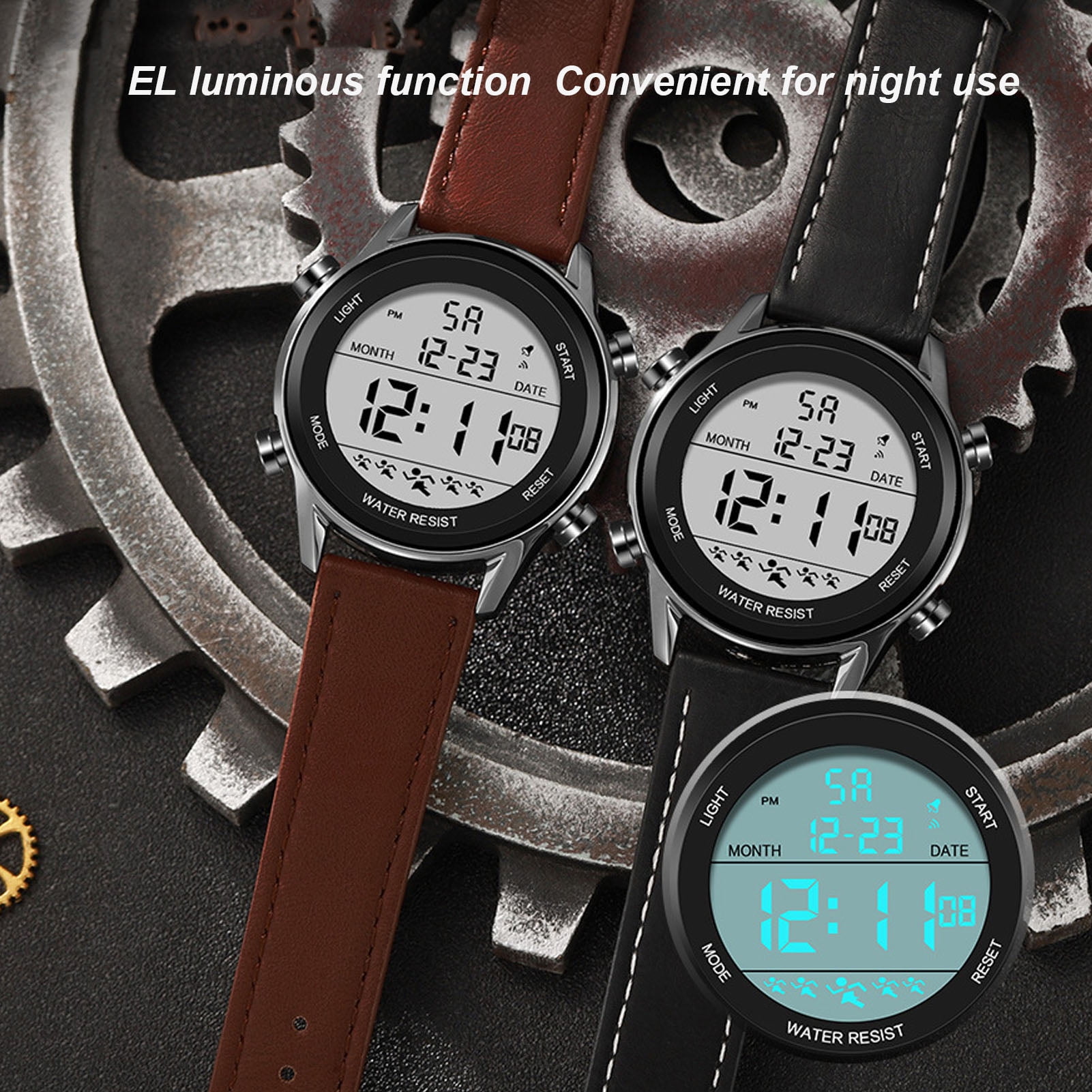 Men Digital Sports Watch EL Luminous Digital Watch PU Leather Strap Stopwatch Calendar Display for Water Sports Coffee Black Walmart