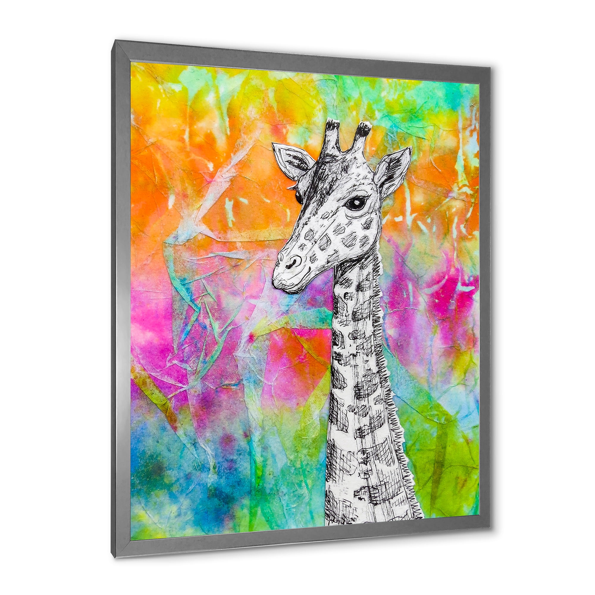 Designart 'Monochrome Giraffe Drawing On Bright Rainbow' Children's Art Framed Art Print