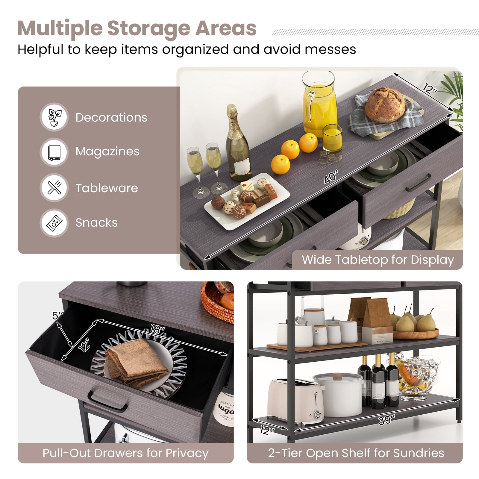 Giantex 3-Tier Entryway Table, Sofa Side Table w/2 Large Drawers & Anti-toppling Device, Console Table w/Metal Frame
