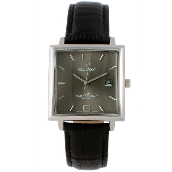 Peugeot Men's 35mm Gray Dial Square Watch with Black leather Strap