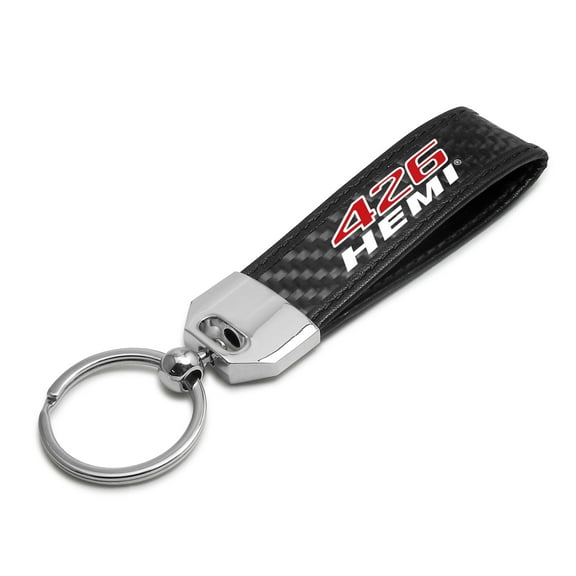 HEMI 426 HP Real Carbon Fiber Leather Strap Key Chain with Black stitching