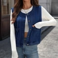 thumbnail image 6 of Women Denim Vest Crew Neck Sleeveless Button Down Cardigan Casual Stylish Cropped Jackets With Pockets (S, Dark Blue), 6 of 8