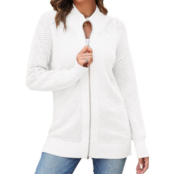 LANGWYQU Long Sleeve Turtle Neck Women Mesh Knit Jacket Zipper Coat
