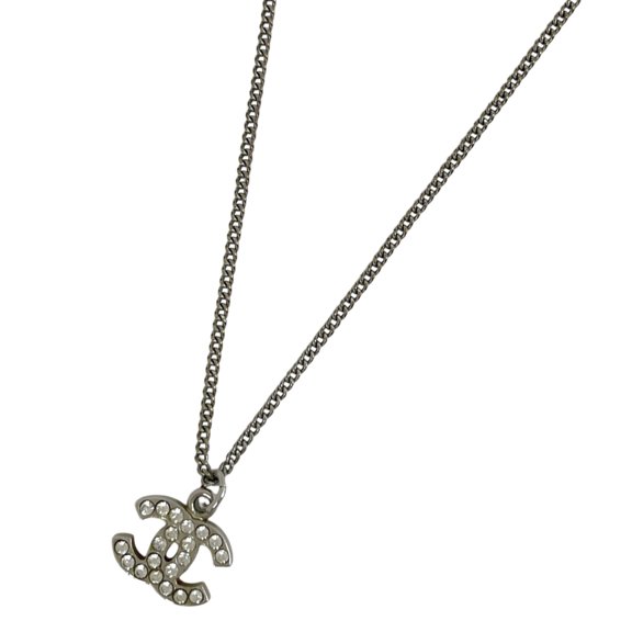 Pre-Owned Chanel Coco Mark Rhinestone Necklace, Silver Plated, Silver, Women's
