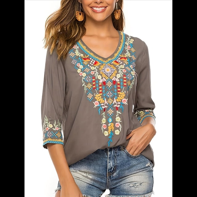 Blusas Mexicanas para Mujer, Camisas Bordadas, Ropa Hippie, Túnicas de Fiesta, Blusas Bohemias Campesinas de Talla Grande. Gris 5XL