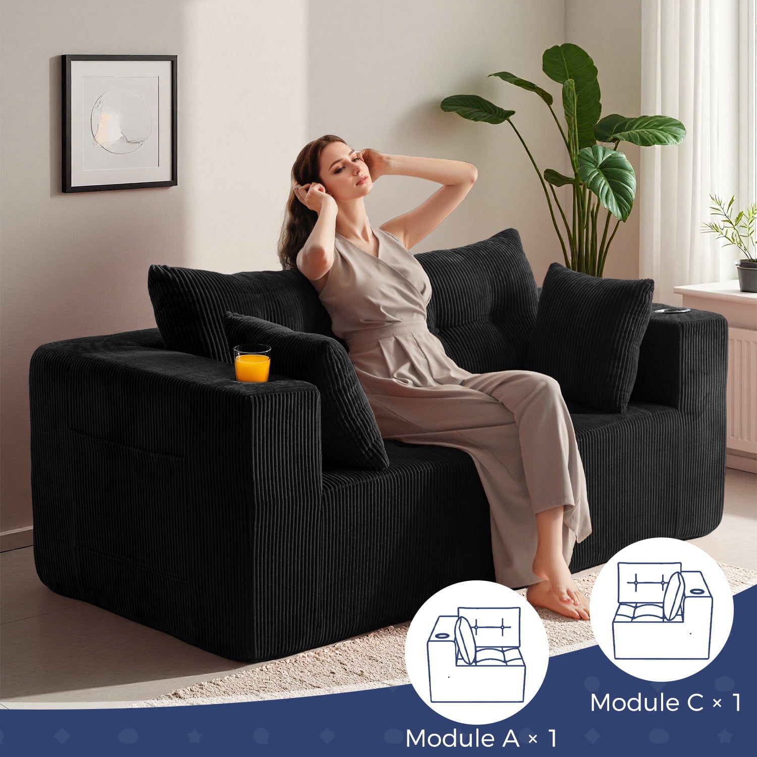 BYBYME 73"Oversized Loveseat Couch,2 Seat Sectional Corduroy Tufted Sofa,Upholstered Symmetrical Cloud Couch with Double Chaise,Wrap Around Sofa for Living Room Apartment Office,Sofa in A Box,Black