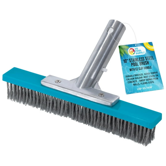 U.S. Pool Supply Professional 10" Stainless Steel Pool Brush with EZ Clip Handle - Durable Bristles, Remove Calcium Buildup, Rust Stains on Concrete - Sweep Debris from Walls, Floors Steps