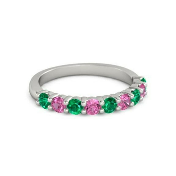 925 Sterling Silver Round 2.50 MM Emerald Pink Tourmaline Eternity Women Ring Size US- 4