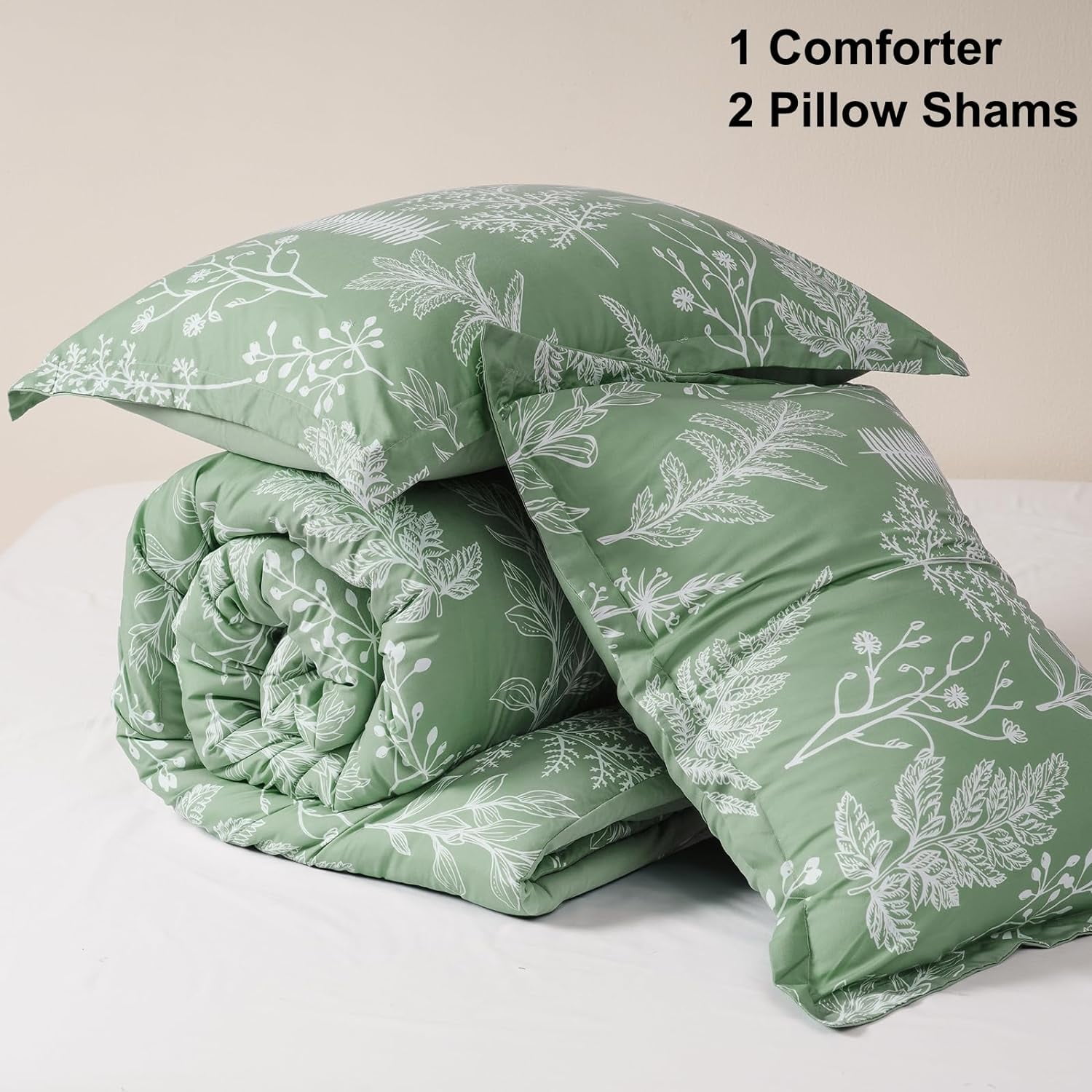 PHF 3 Pieces Printed Comforter Set King Size, Lightweight Botanical Floral Bed in a Bag, Ultra Soft Bedding Set with 1 Reversible Comforter and 2 Pillow Shams, Sage Green