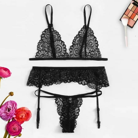 

MRULIC intimates for women 3PC Women Plus Size Lace VNeck Bra GString Lingerie Set Underwear S2XL Black + XL