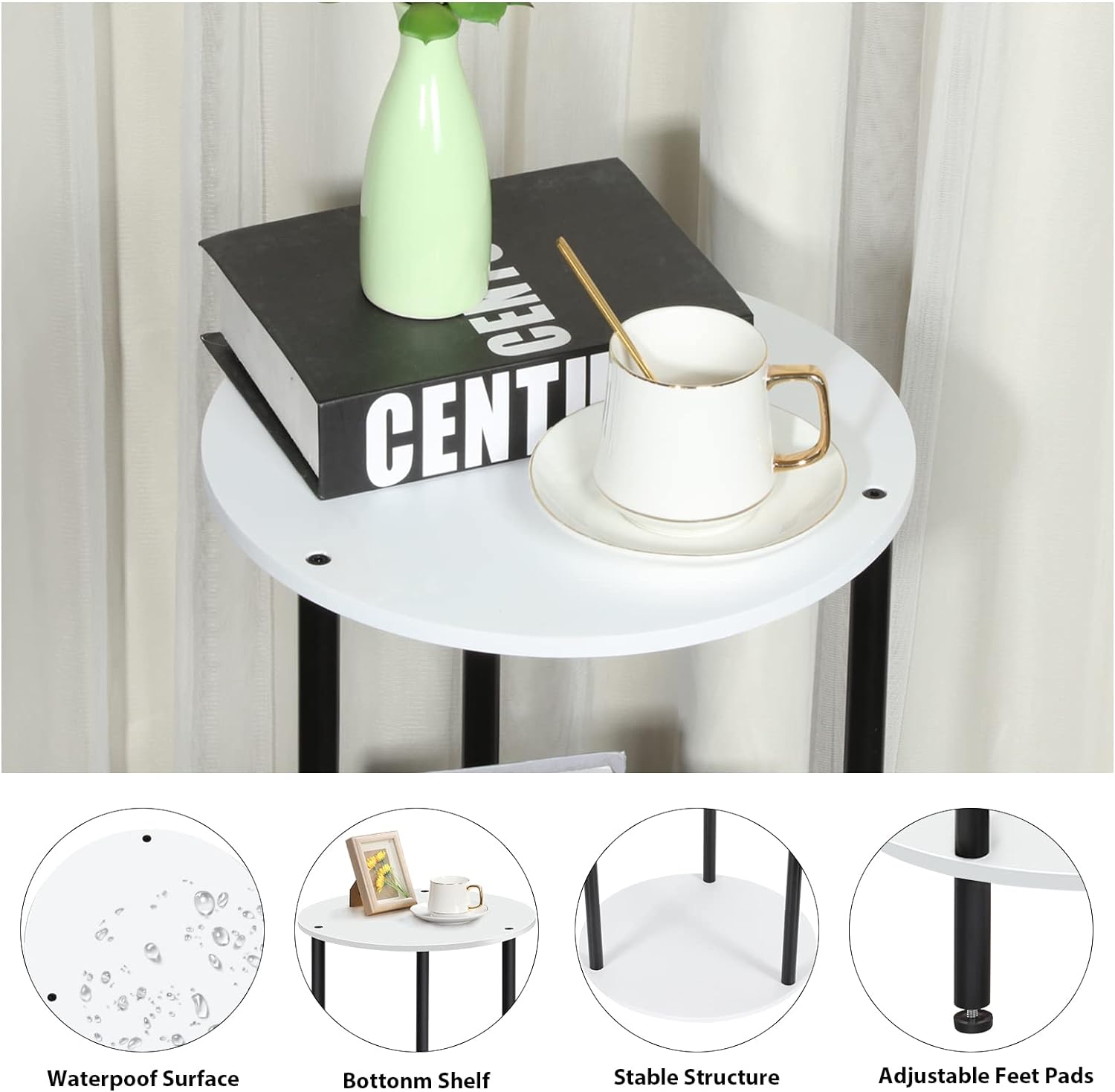 Round Nightstand Coffee Table White Office Bedroom Set of 2