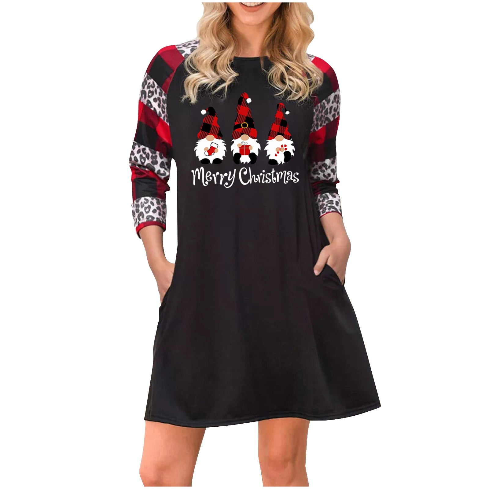 Guvpev Women Christmas Print Long Sleeve Tunic Pockets Size T-shirt Dress christmas for Women - Black XXXXL Walmart.com