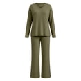 thumbnail image 6 of Women's 2 Piece Loungewear Outfits Ribbed Knit V Neck Long Sleeve Top and Wide Leg Pants Sets Soft Warm Fall Winter Casual Tracksuit Army Green, 6 of 7