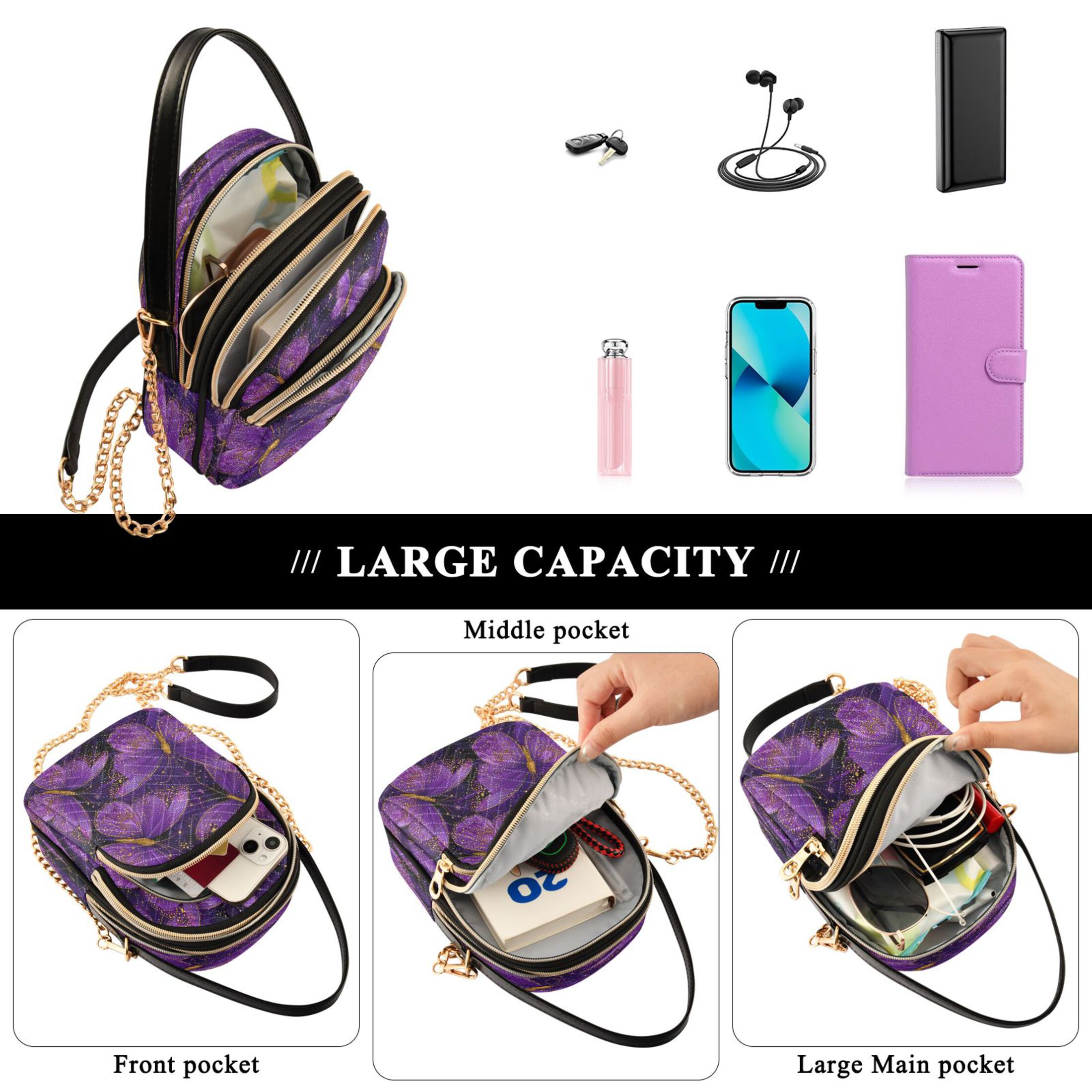 Quilted Women's Crossbody Bag Purses and Handbags with Detachable Leather Strap Glowing Purple Butterfly