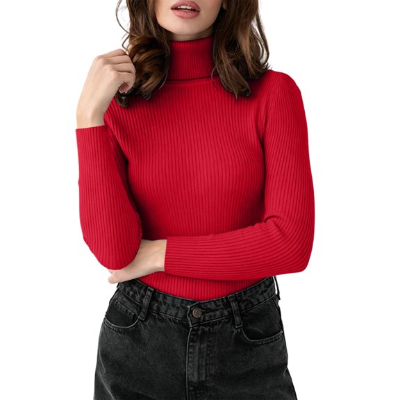 Amkhujs Fall Tops for Women Trendy Turtleneck Elegant Ribbed Knit Tops Casual Solid Fitted Basic Long Sleeve Tops