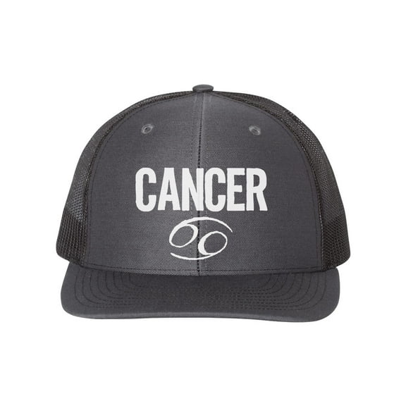 Cancer Hat, Cancer, Trucker Hat, Adjustable, 10 Different Colors!, Gift For Cancer, Horoscope Hat, Astrology Hat, Taurus Apparel, White Text, Charcoal/Black