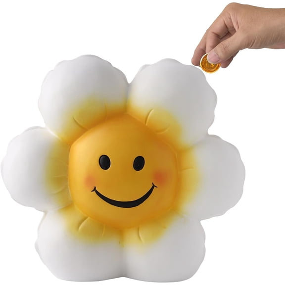 Piggy Bank for Girls Boys Kids, Cute Smiley Flower Piggy Bank, 7.87inch Ceramic Coin Bank Money Bank for Birthdays, Christmas, Baby Shower, Newborn Keepsake, Back-to-School Gift, Nursery Decor