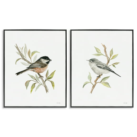 Stupell Industries Small Birds on Branches Animals Painting Black Framed Art Print Wall Art, 11 x 14, Set of 2