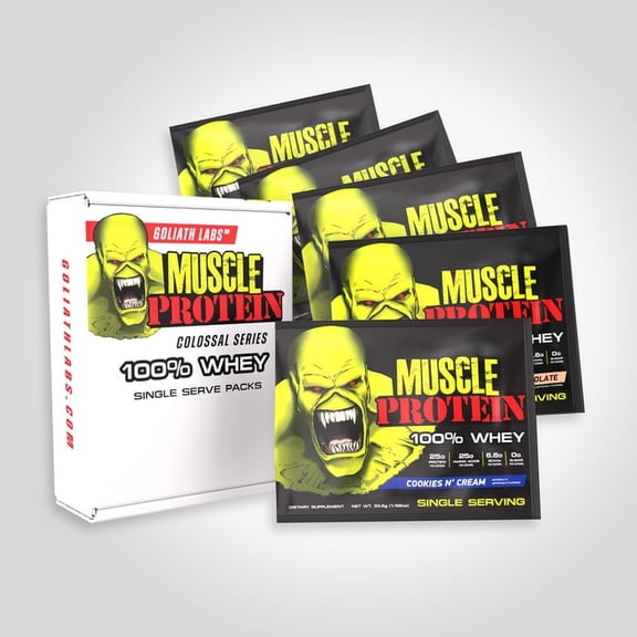 Goliath Labs Single Serve Protein packs [1.182oz/pack] in 5 Flavors | 25g Protein, Amino Acids, 6.6g BCAAs/Serving | Diet & Sports Nutrition