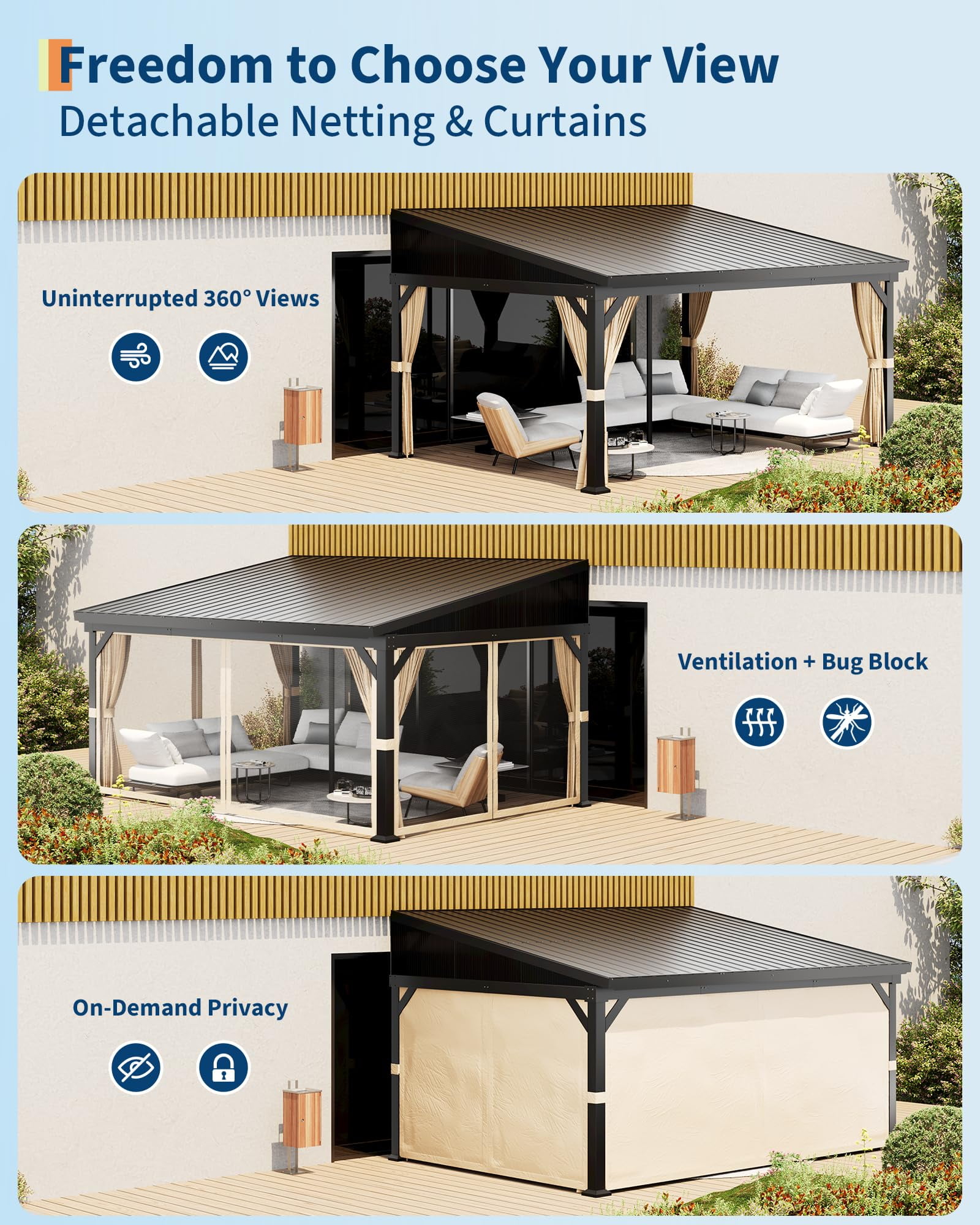 Lumiparty 10x14 ft Wall-Mounted Hardtop Gazebo, Lean-To Pergola with Galvanized Steel Roof, with Mosquito Netting & Privacy Curtains for Backyard, Deck or Carport, Gray