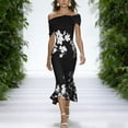 thumbnail image 6 of Xaqiouau Womens Off Shoulder Floral Print Midi Dress Twisted Pleated Fitted Hem Cocktail Party Dress, 6 of 9