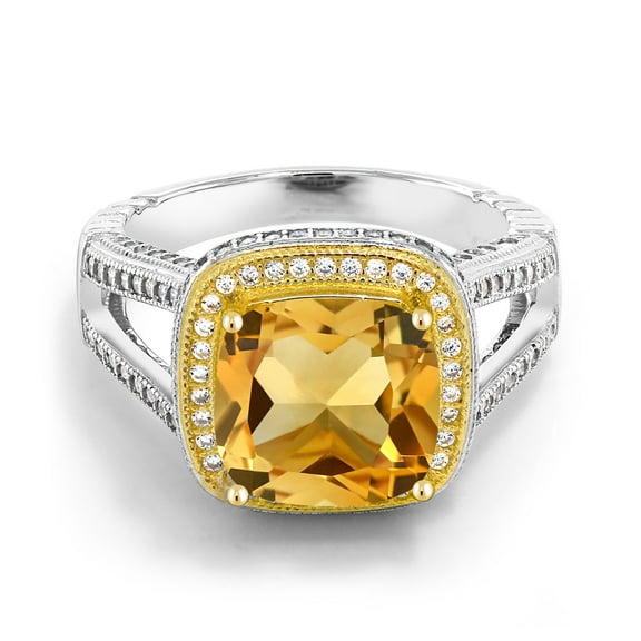 Gem Stone King 925 Two-Tone Sterling Silver Yellow Citrine Women Halo Engagement Ring (5.47 Ct Cushion Cut, Size 5)