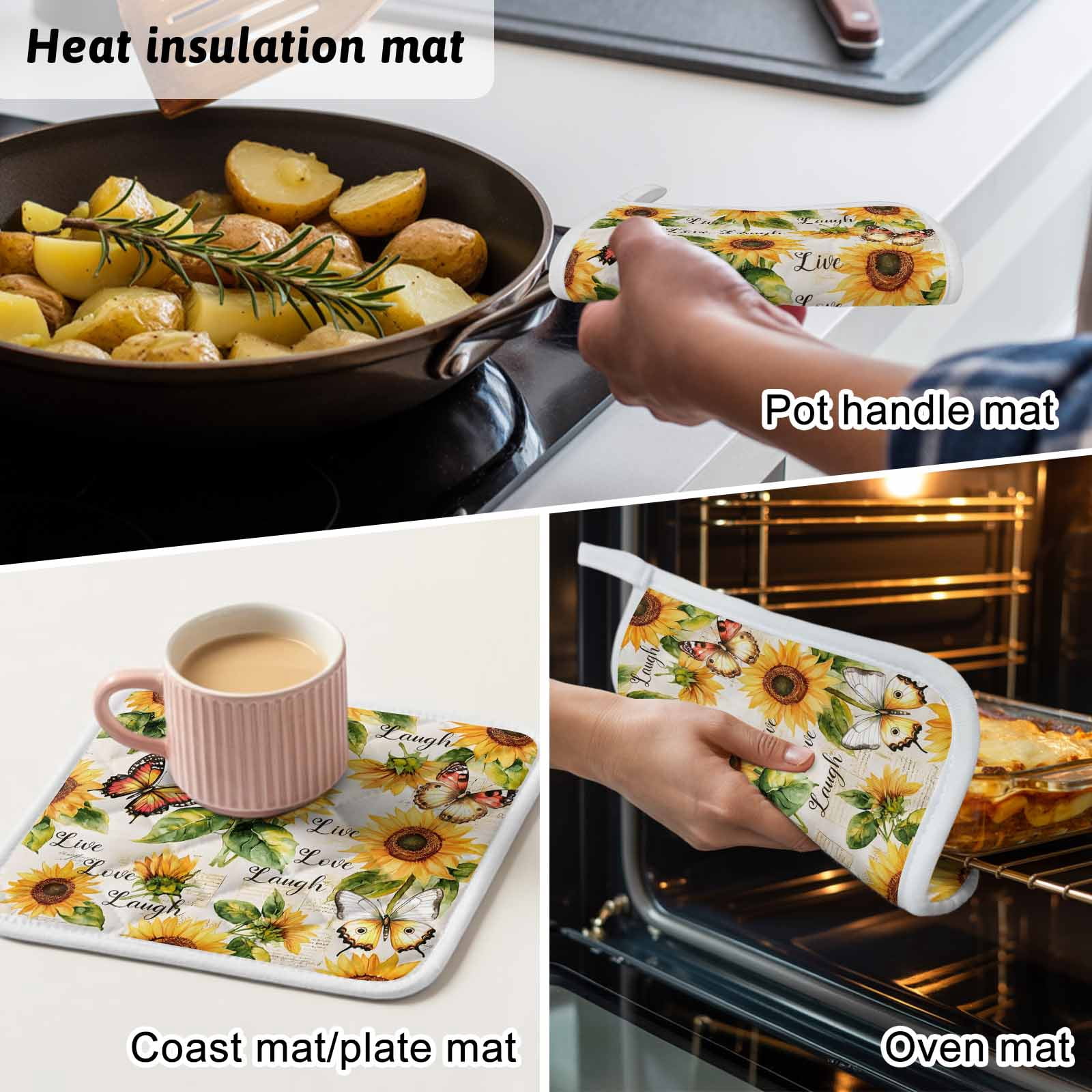Sunflower Pot Holders for Kitchen Heatproof Potholder, 4 Pack Summer Botanical Vintage Spring Floral Butterfly Hot Pads Multipurpose Oven Pads Cloth Potholders Trivet for Cooking and Baking