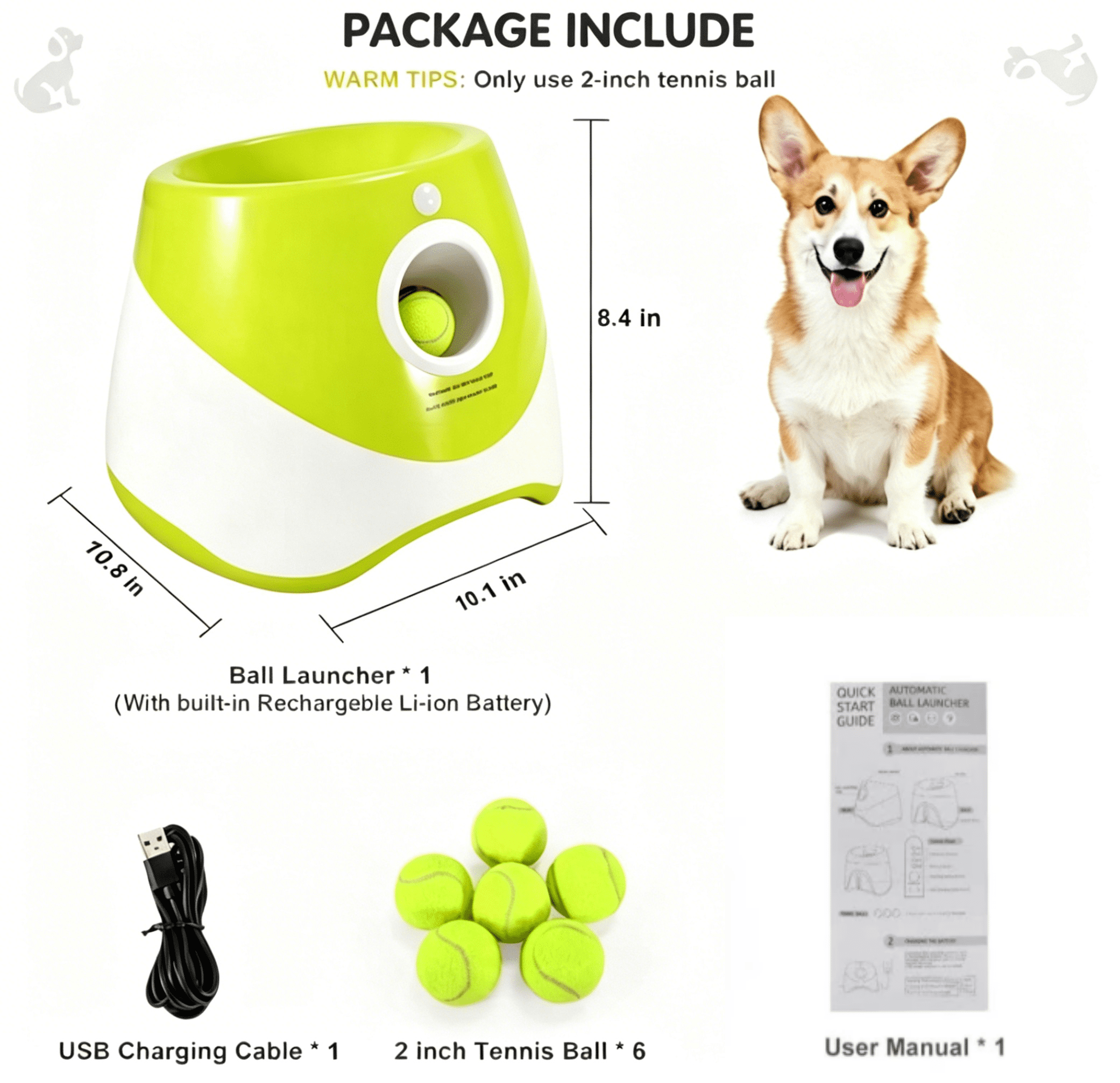 Tstiti Automatic Dog Ball Launcher with 3 Distance Settings, Includes 3 Mini Tennis Balls, Interactive Indoor Outdoor Dog Toy, Light Green