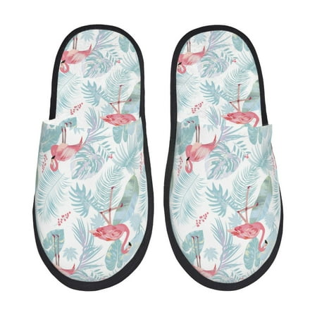 Balery Tropical Flamingo Slient Indoor Furry Fleece Comfort House Shoes Soft Non-Slip Home Shoes Cotton slippers House Slippers-- Large