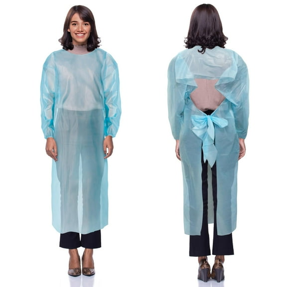 Blue Disposable Isolation Gown, Large. Pack of 100 PPE Gowns Disposable. Waterproof 100% Polyethylene Personal Protective Equipment Gown with Waist Ties and Elastic Wrists