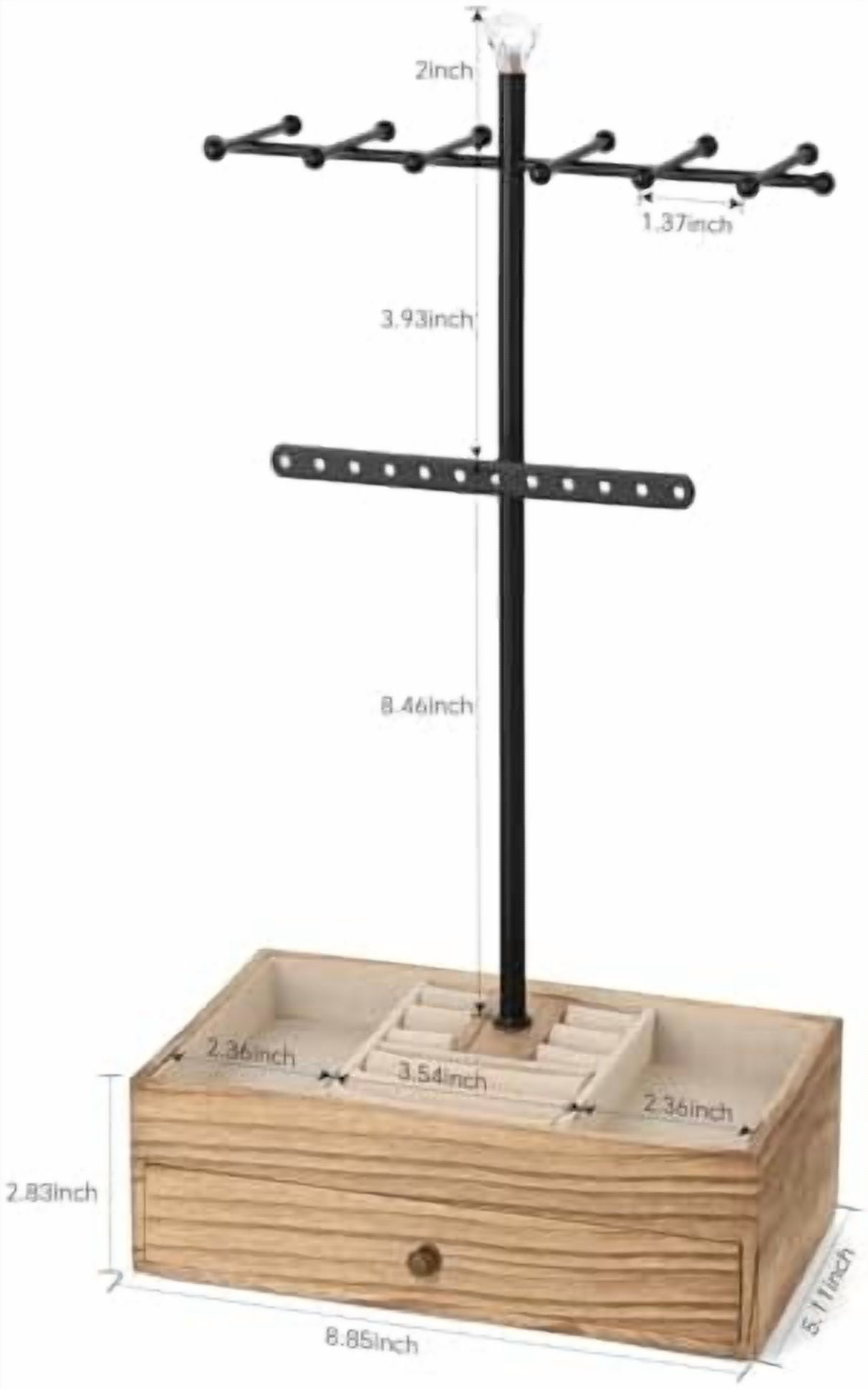 Jewelry Organizer Stand, 3-Tier Necklace Holder Jewelry Tree with Wooden Storage Drawer Box for Necklace Bracelet Earring Ring, Carbonized Black