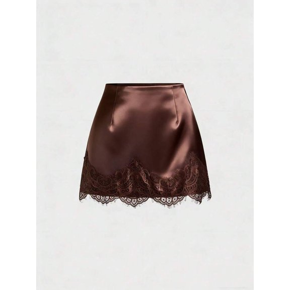 Brown Satin Mini Skirt With Intricate Lace Trim, Elegant A-Line Design For Women