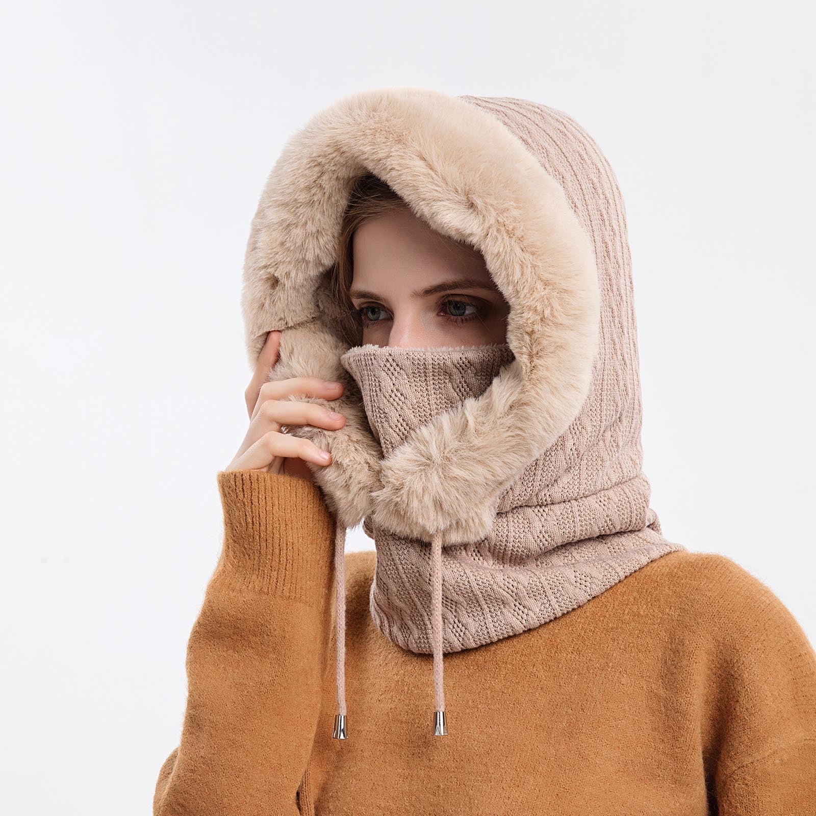 qolati Trapper Hat for Women Men with Mask Ear Flaps Knitted Windproof Winter Bomber Hats Cold Weather Warm Winter Faux Fur Hunting Balaclava Ski Hats