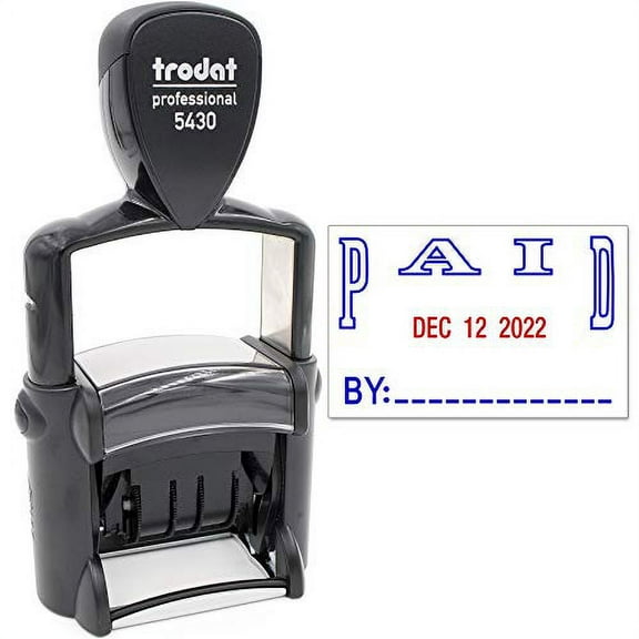Trodat 5430 Professional Self-Inking Date Stamp with Paid - Blue/Red 2 Color Ink