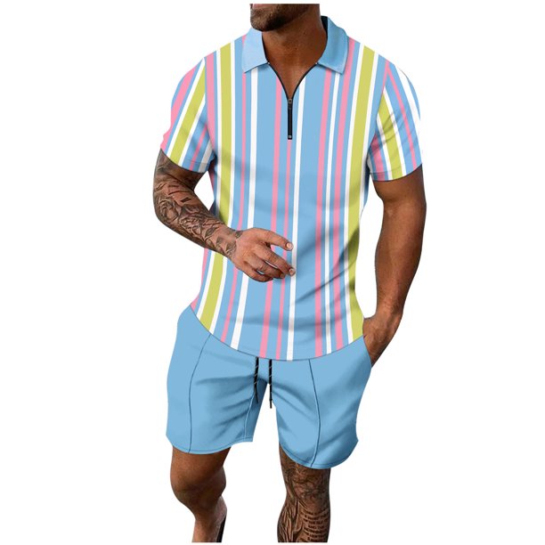 Mens Manga Larga Solapa Impresión Cremallera de Manga Corta Pantalones Cortos Traje Conjunto, Cuello de Vuelta para el Uso Diario Y de la Calle Casual