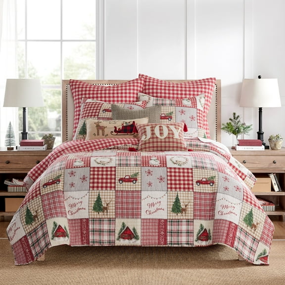 Levtex Home - Home For Christmas Quilt Set - Full/Queen Quilt and Two Standard Shams - Green, Red, Taupe and Cream - Quilt (88x92in.) and Shams (20x26in.) - Reversible - Cotton/Polyester