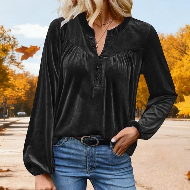 AUNVITO Women's Velvet V-Neck Long Sleeve Blouse Elegant and Luxurious Casual Style