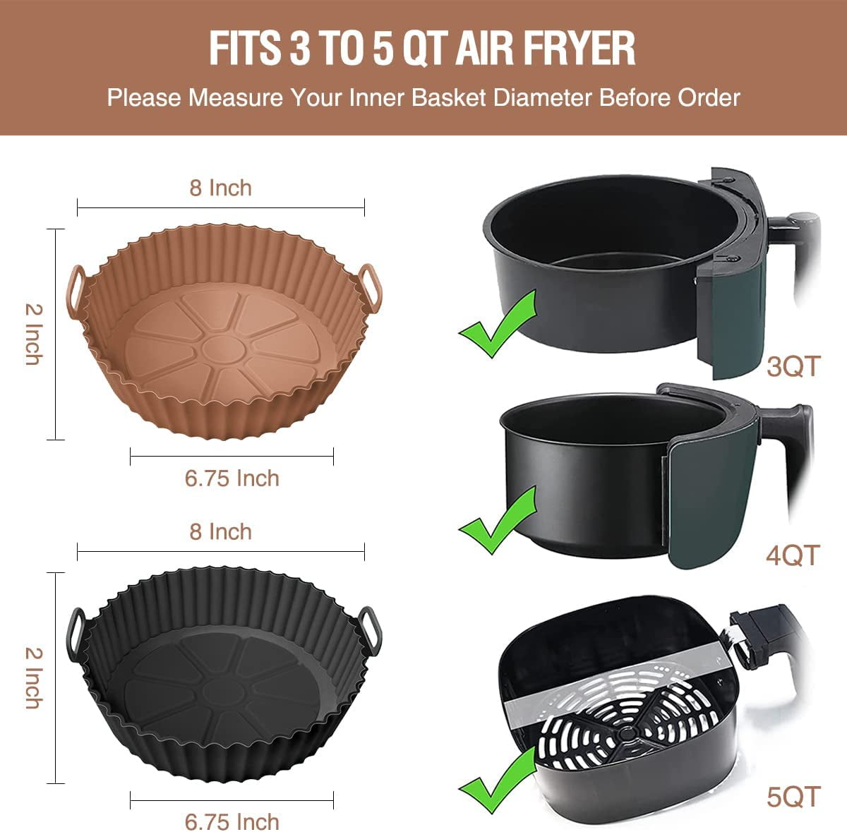 JJEAN-2 Pack Air Fryer Silicone Liners Pot for 3 to 5 QT, Air Fryer Silicone Basket Bowl, Replacement of Flammable Parchment Paper, Reusable Baking Tray Oven Accessories, Brown+Blk, (Top 8in, Bottom