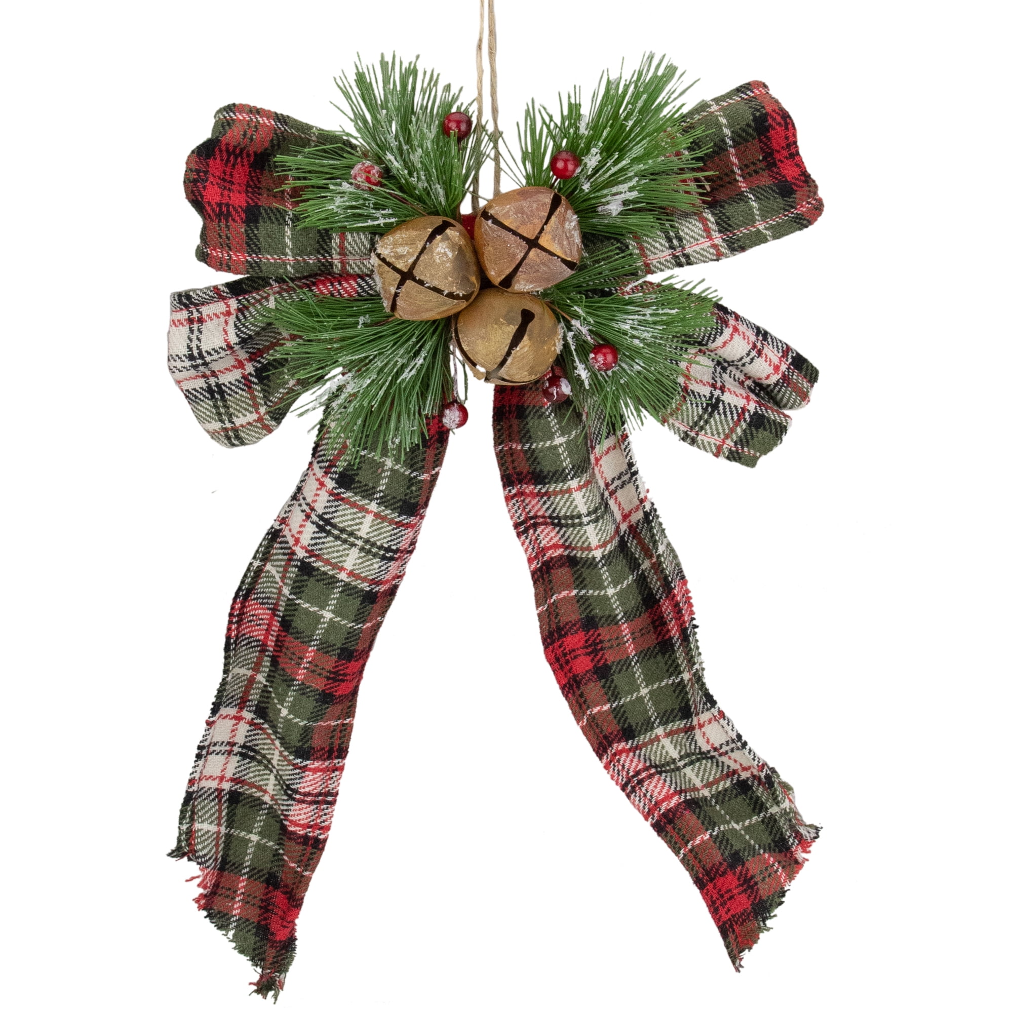 12" Red, Green, and Beige Plaid Bow Hanging Christmas Ornament