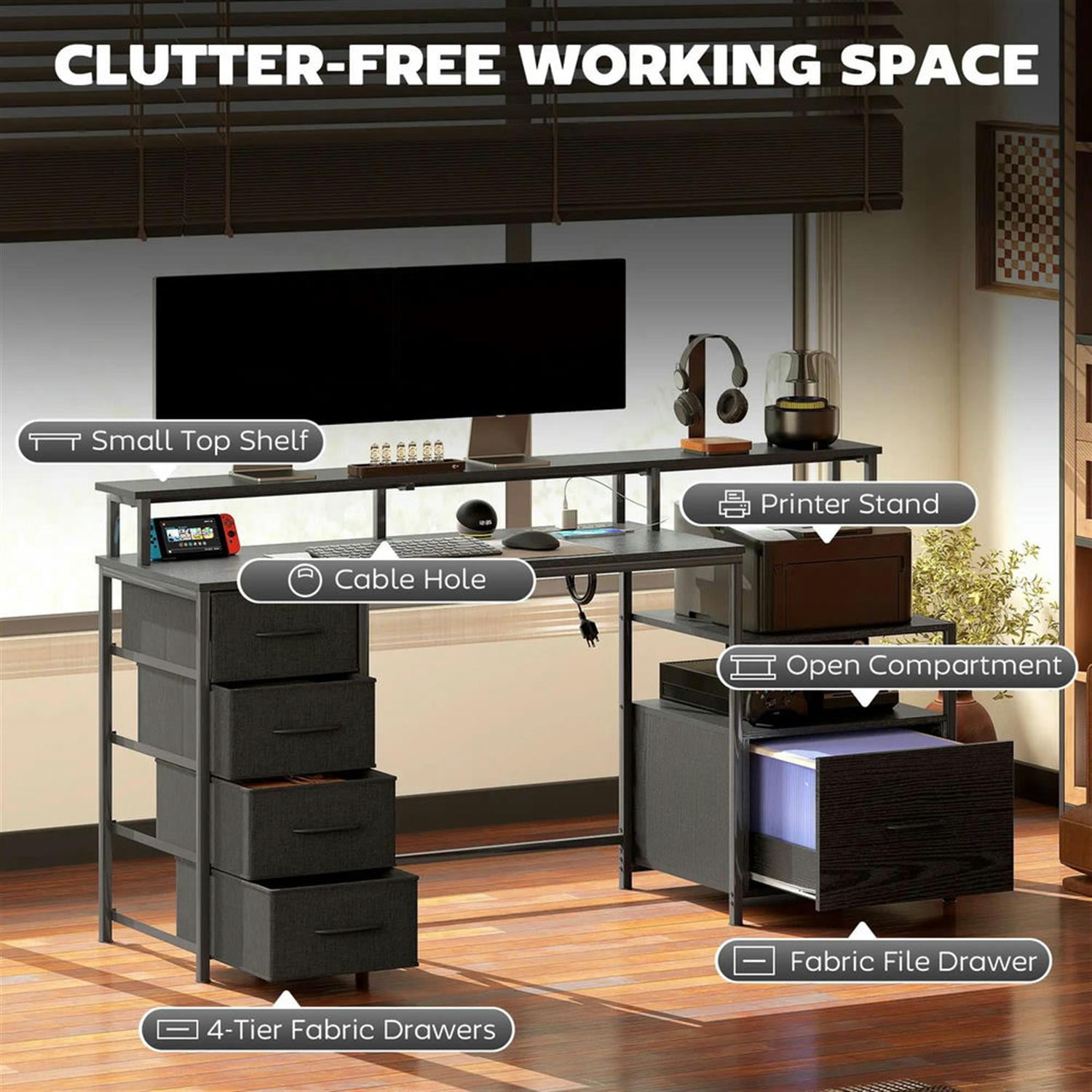 Demi Bonn 67" Office Desk with LED Lights and Power Outlets, Home Computer Desk for Living Room, Office, Study Table PC Desks, Black