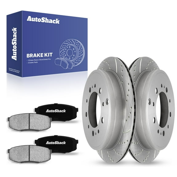 AutoShack Rear Drilled & Slotted Brake Rotors Ceramic Brake Pads | Replacement for Toyota Tundra Sequoia Land Cruiser 2013-2021 Lexus LX570 4WD | Zinc Coated | 6-PC Brake Kit | SilverShield Pro