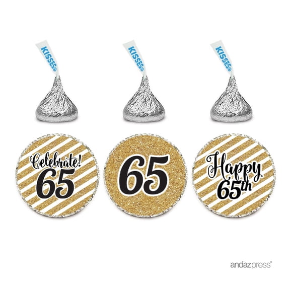 Milestone Chocolate Drop Labels Trio, Fits Hershey's Kisses Party Favors, 65th Birthday, 216-Pack, Not Real Glitter
