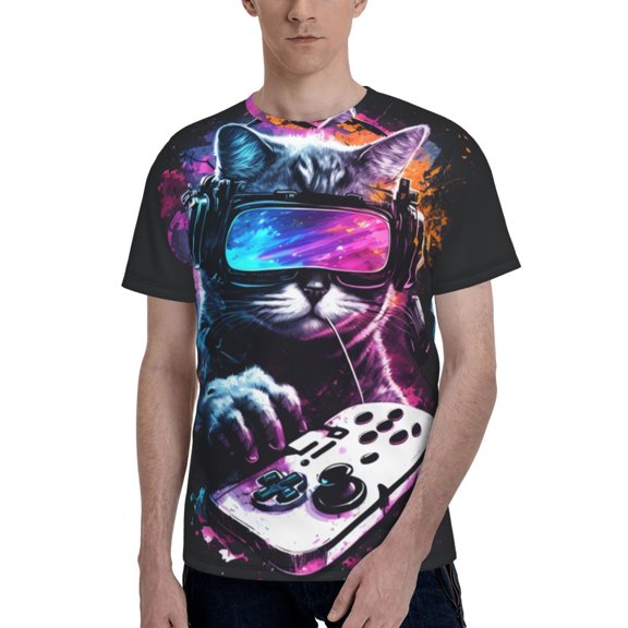 Men 3D Printed Short Sleeve Graphic T-Shirts Tops Tee, Galaxy Cat Play Games Funny