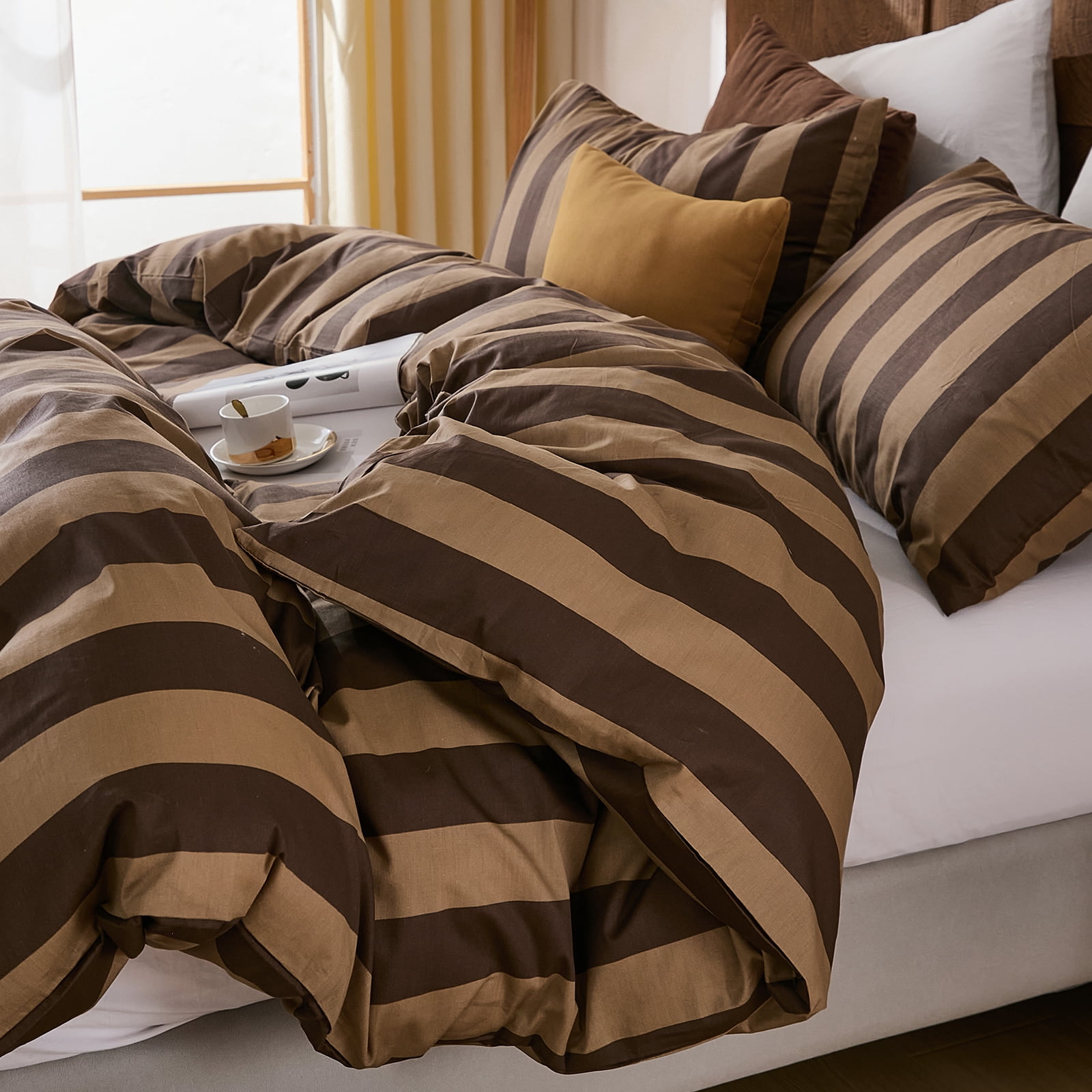 Brown Striped Duvet Cover Set Queen Size, 100% Natural Cotton Linen Like Duvet Cover Set with Zipper Closure & 8 Corner Ties, Brown Khaki Soft Reversible Bedding for All Seasons