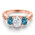 thumbnail image 3 of Gem Stone King 18K Rose Gold Plated Silver White Moissanite and London Blue Topaz Filigree Style 3 Stone Ring for Women (2.70 Cttw, Oval 8X6MM and 6X4MM) (Size 8), 3 of 6