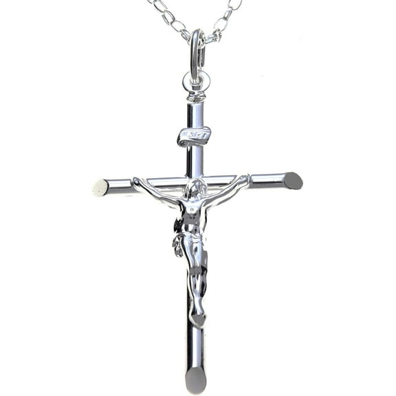 Alexander Castle Large 925 Sterling Silver Cross Necklace For Women & Men - Silver Crucifix Necklace Pendant With 20" Sterling Silver Chain & Jewellery Gift Box - 42mm X 30mm