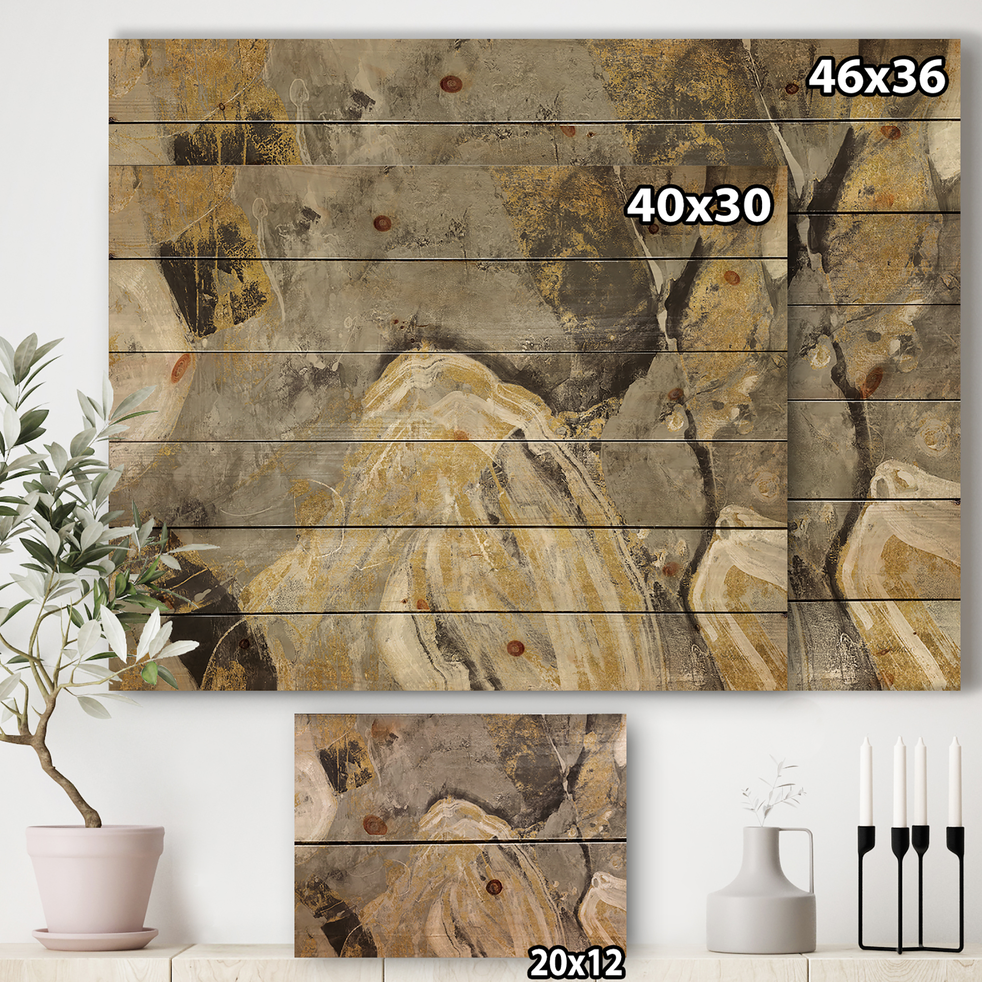 Designart 'Fractal Gold Stone' Cabin & Lodge Print on Natural Pine Wood